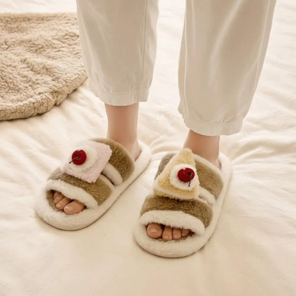 

3D Cute Cherry Cake Cake Winter Plush Slippers Open-toe Cartoon Warm Fur Slippers Anti Slip Ins Korean Fashion Y2K Cat Slippers