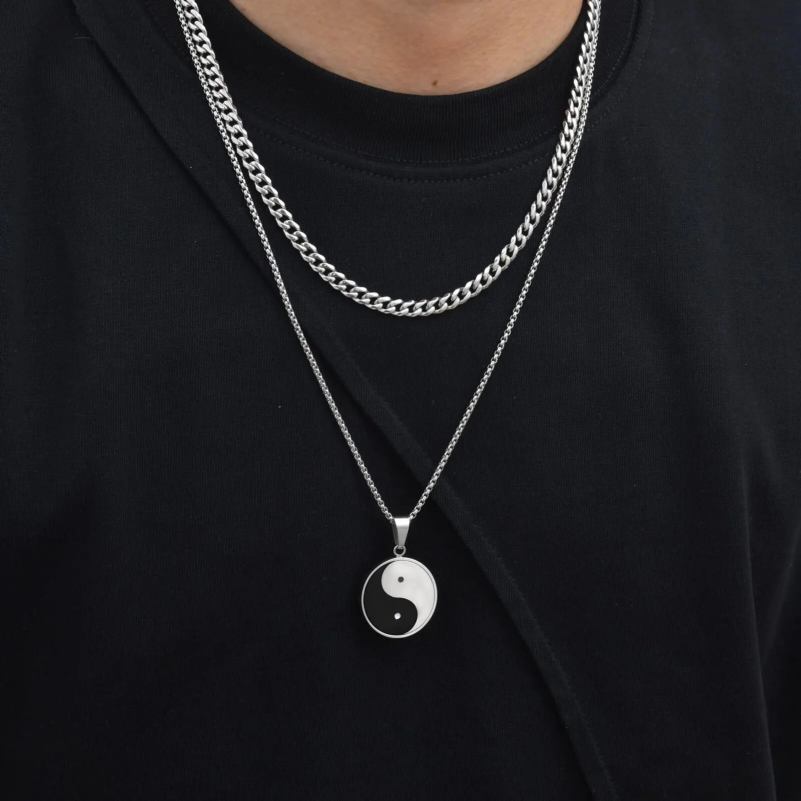 

Vnox 2pcs/set 60cm Yin Yang Pendants Necklaces with 50cm Cuban Chain, Stainless Steel Chain Necklace for Men, Retro Jewelry Gift