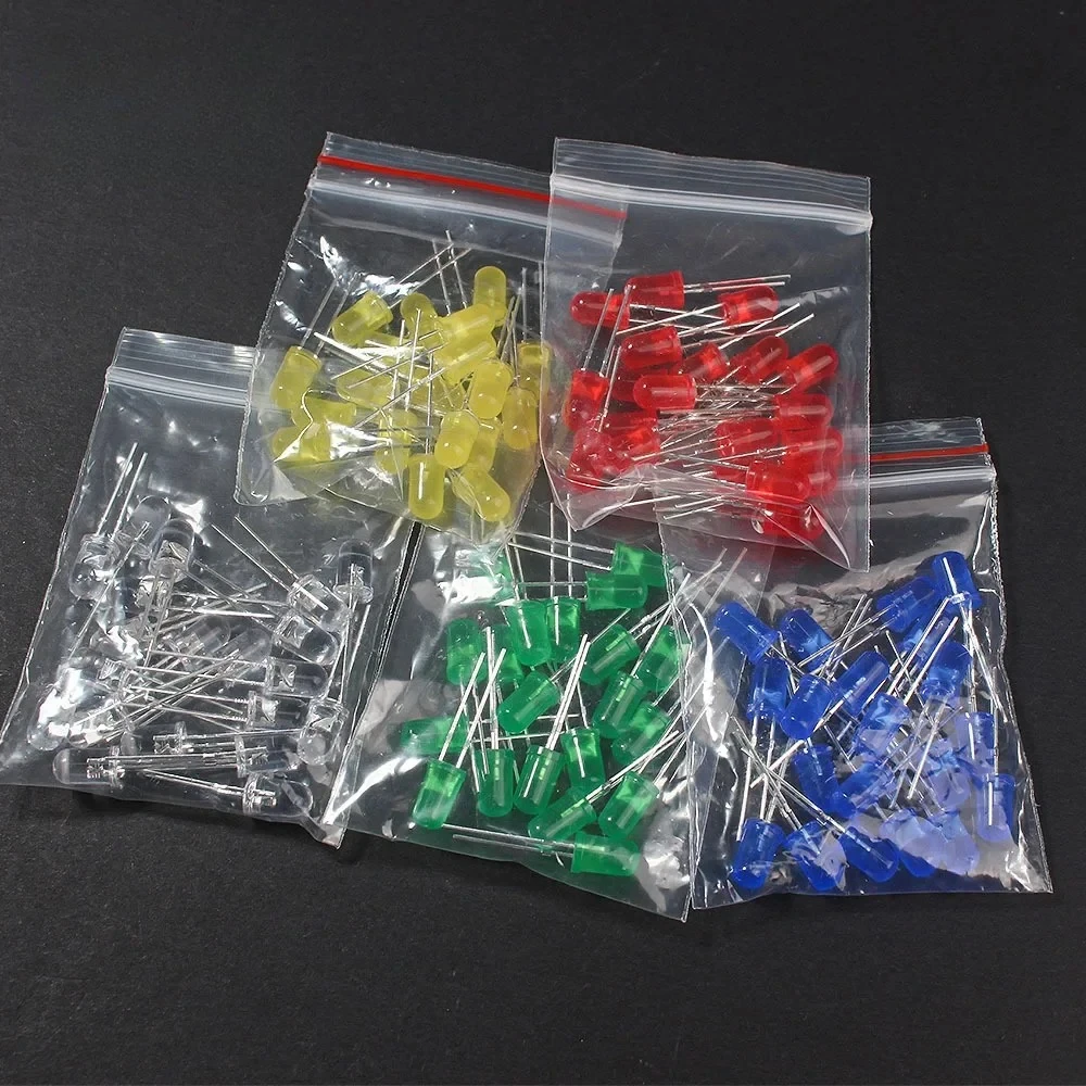 100pcs 5mm LED Diode F5 Ultra Bright Round LED Assortment Kit White Green Yellow Blue Red Light Emitting Diodes for Diy Kits