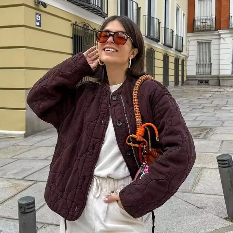 

Торговая стеганая хлопковая куртка с круглым вырезом и шнурком, двухцветный женский топ в европейском и американском стиле