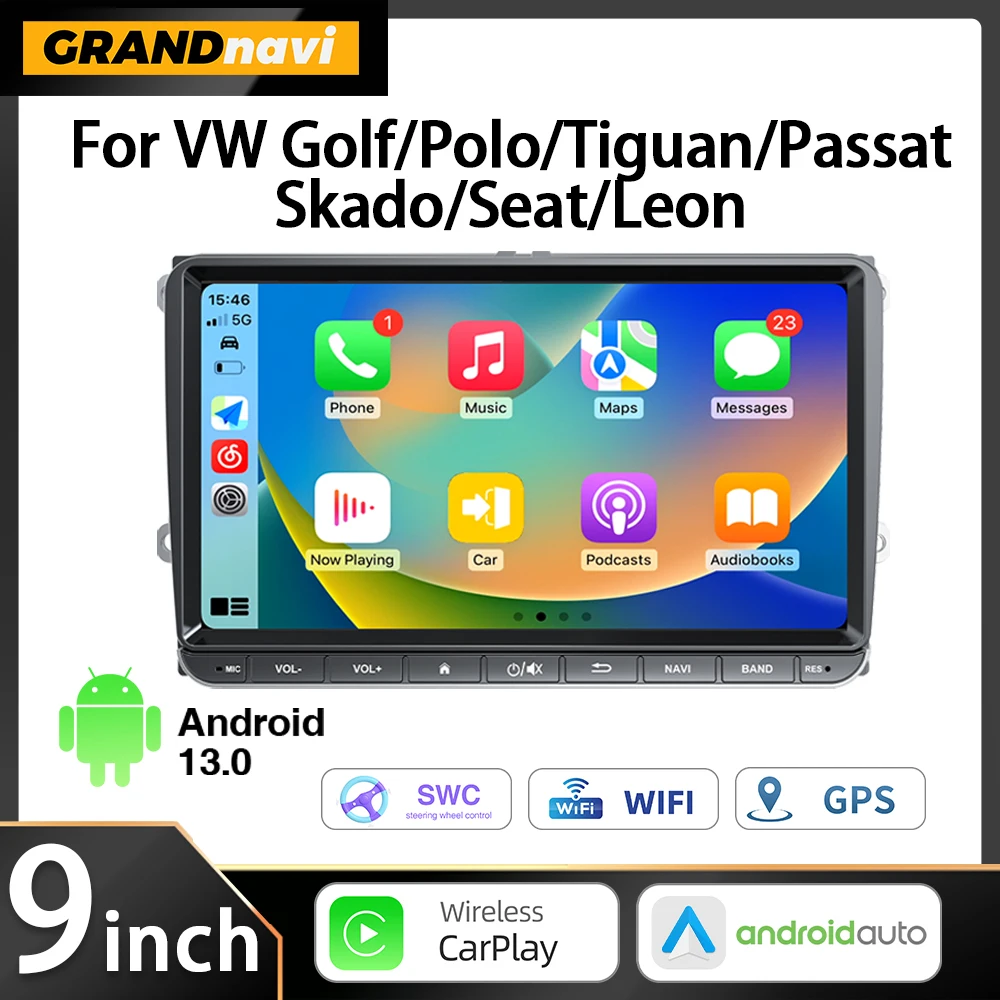 

9" 2 Din HD Car Media Video RDS Airplay Car Radio Wireless CarPlay Android Auto Stereo Audio For VW/Seat/Skoda/Passat/Golf/Polo