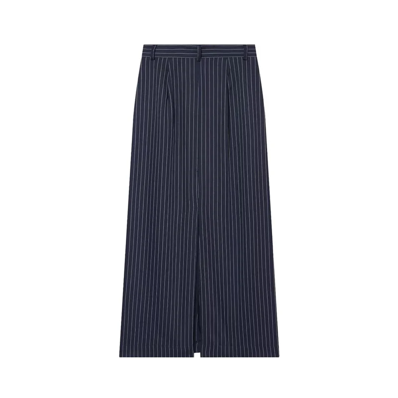 Women's A-line Skirt 2026 Summer New Style Navy Blue Striped High-Waist Slit Decorative Straight Long Skirt Elegant and Stylish