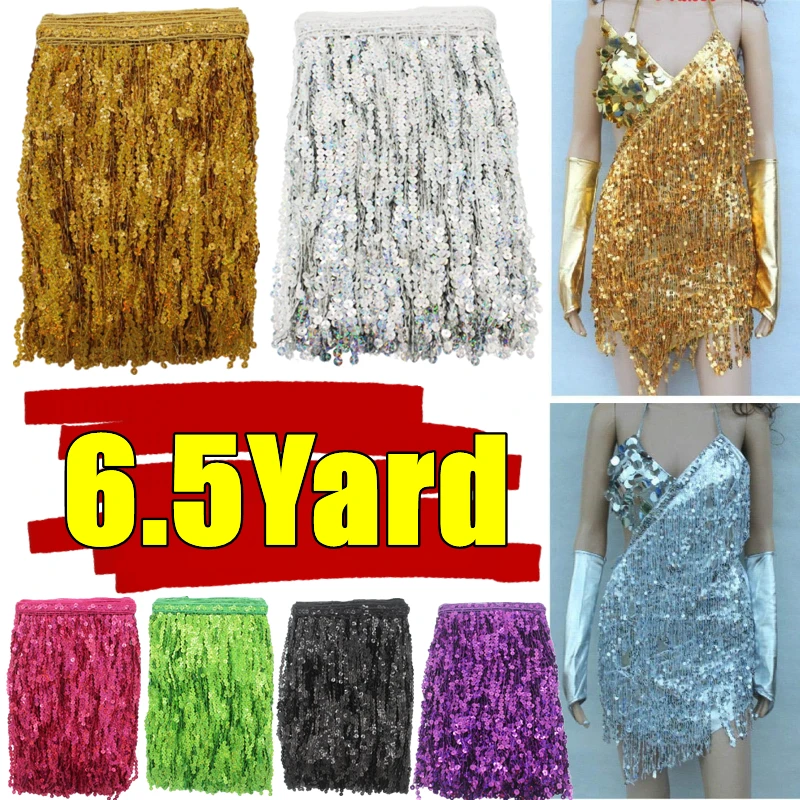 

6.5Yards/Lot 30CM Encryption Glitter Sequins Lace Tassel Fringe Trim Fabric for DIY Latin Dance Stage Costume Decor Accessories