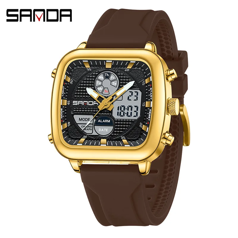 SANDA 9101Retro Square Double Display Electronic Watch Night Light Waterproof Business Leisure Men's Watch Trendy Sports Watch