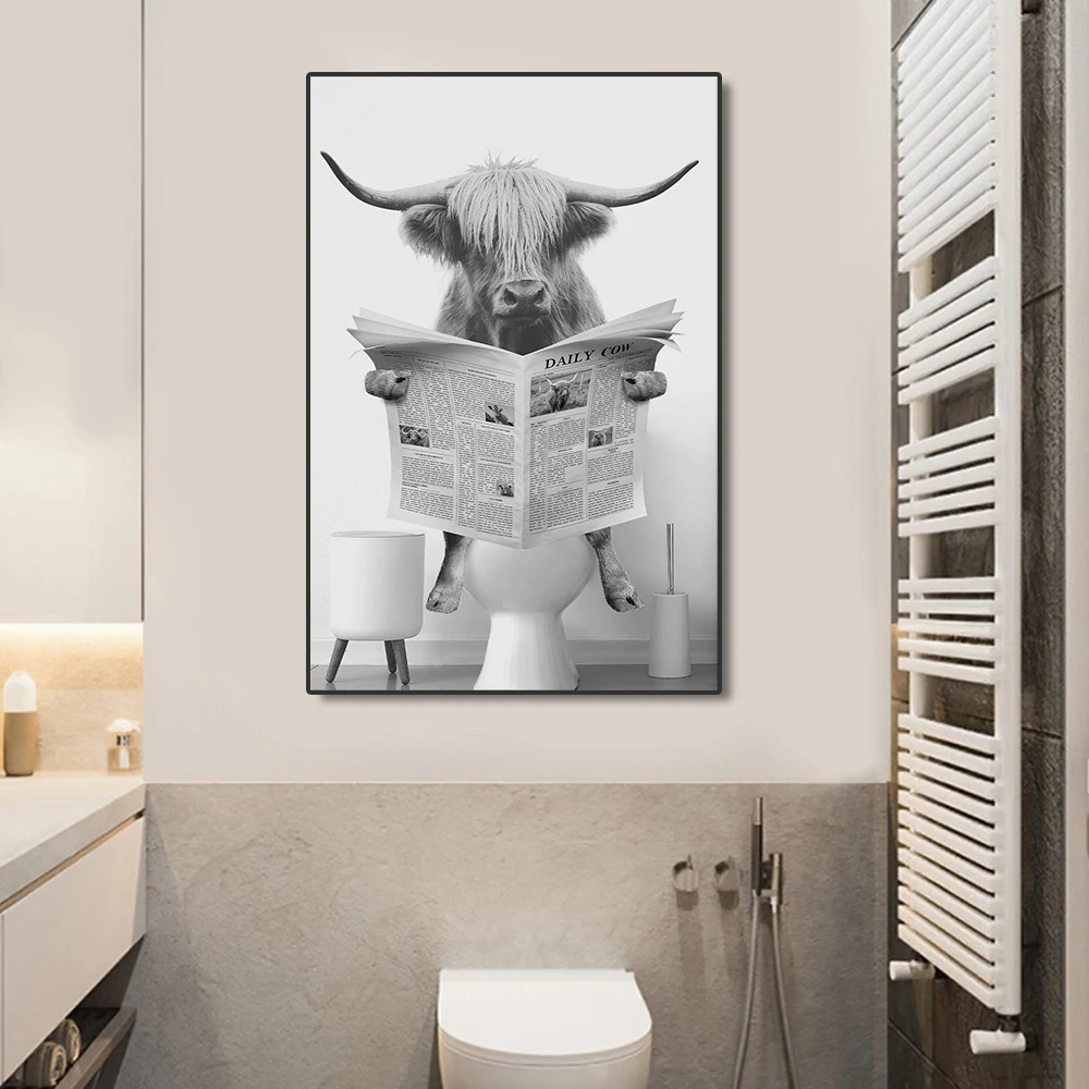 Cute Funny Highland Cow on a Toilet Canvas Painting Bubble Bath and Wine Prints Black and White Wall Art Home Bathroom Decor