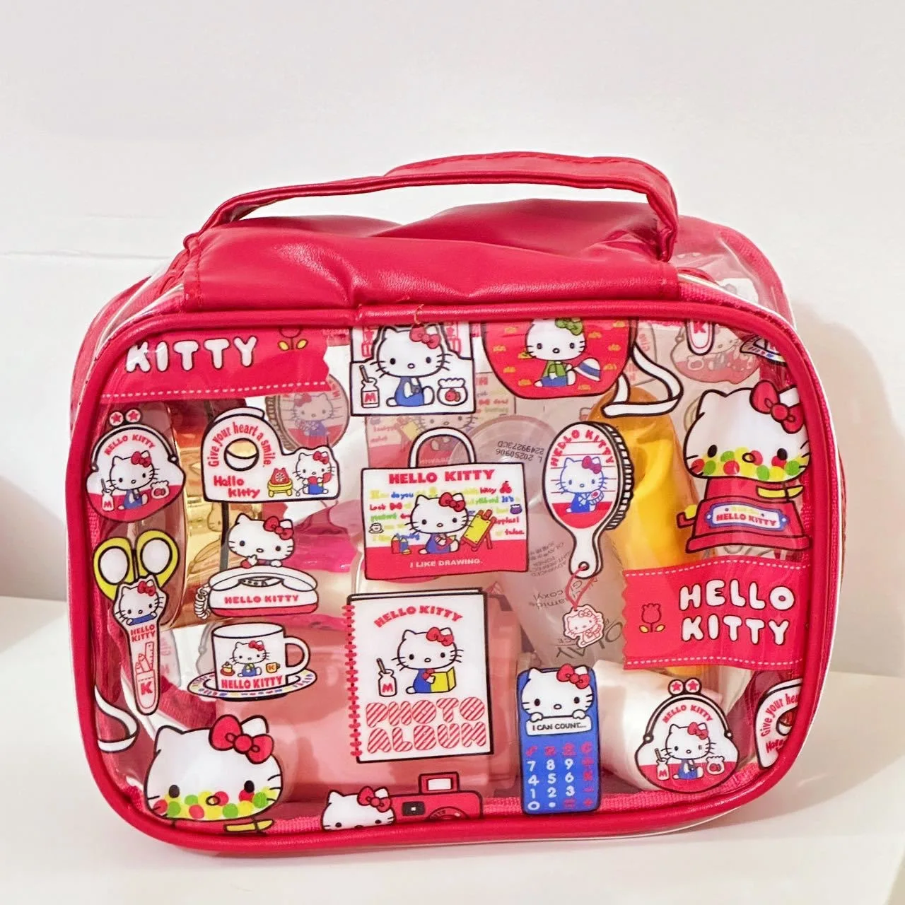 Sanrio Hello Kitty Makeup Bag Kawaii PVC Transparent Portable Large-Capacity Waterproof Skin Care Storage Bag Wash Tote Handbag