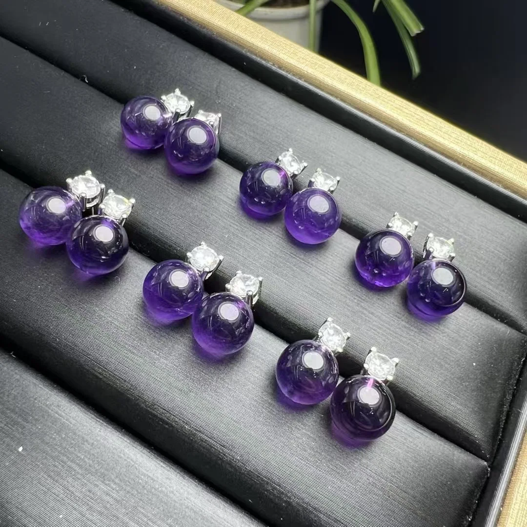 1 Pair Fengbaowu Natural Amethyst Sphere Earring 925 Sterling Silver Crystal Reiki Healing Stone Fashion Jewelry Gift For Women 3