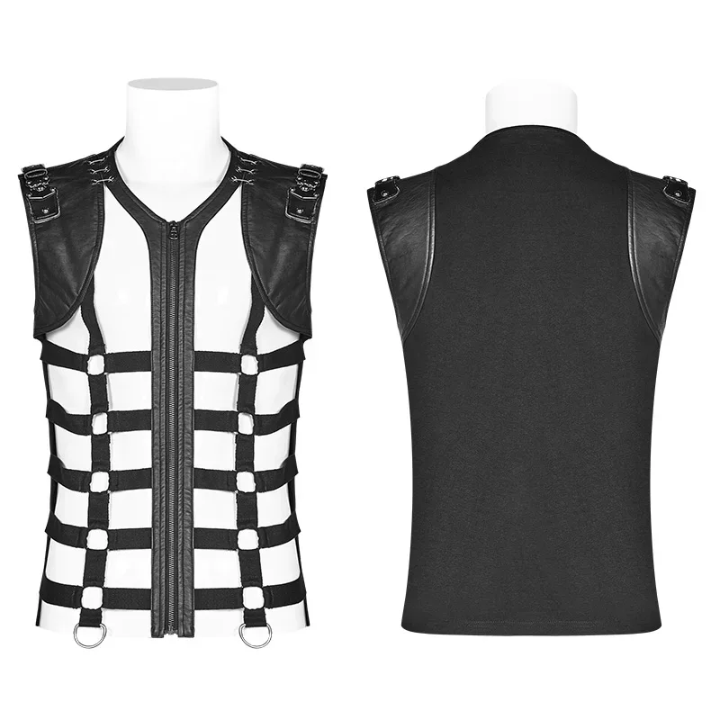 PUNK RAVE New Men\'s Black Skeleton Pu Personality Hollow-out Vest with Metal Leather Tab and Eyelet Trim Men Tank Tops Halloween