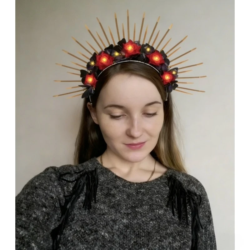 

Светодиодный головной убор с розами и бабочками – Золотая корона с шипами для фестивалей, свадеб в стиле бохо и Met Gala – Светящийся головной убор