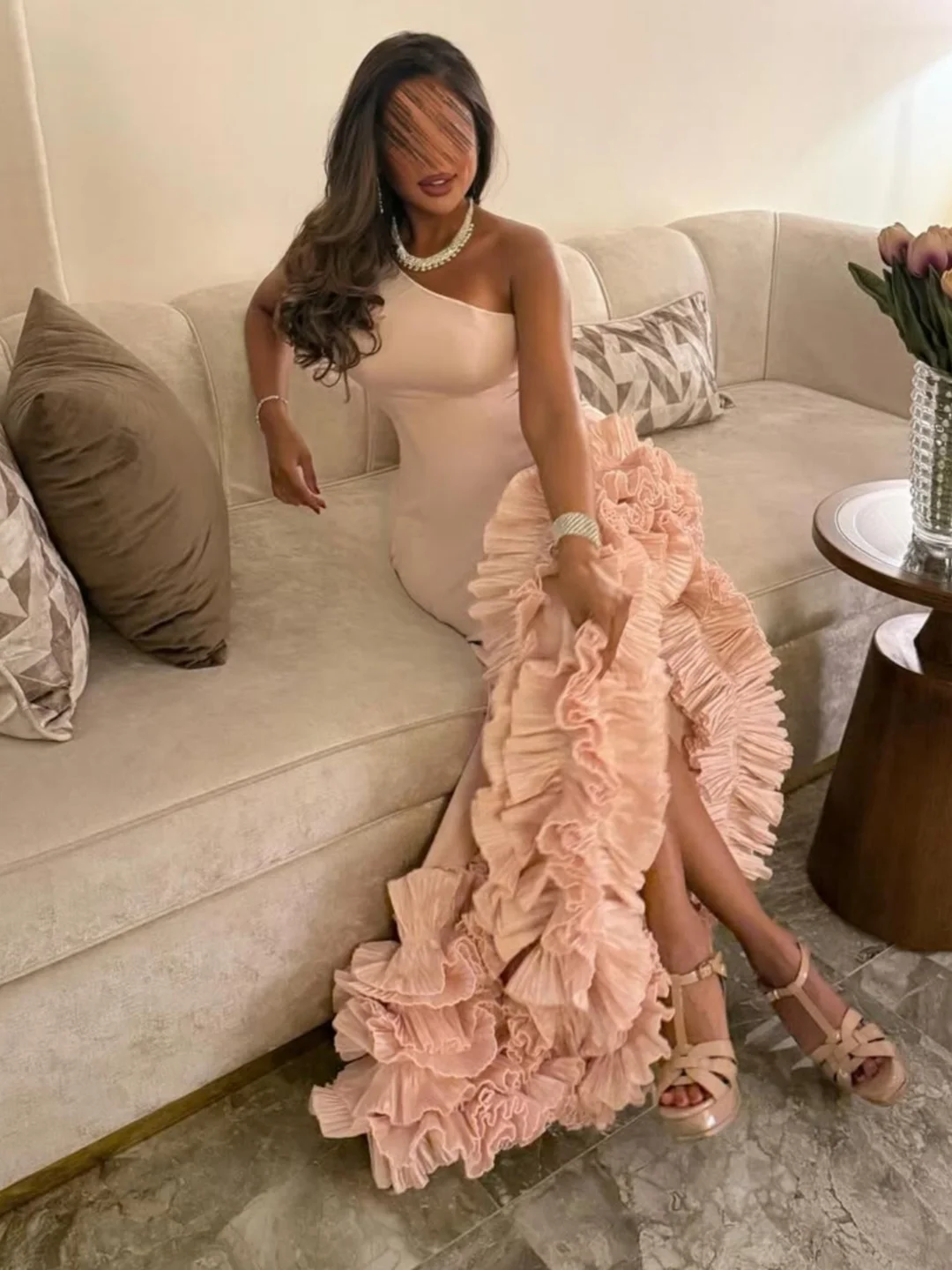 Customized Mermaid Sleeveless Prom Dresses One Shoulder Pleated Ruffles Floor Length Temperament Evening Dresses