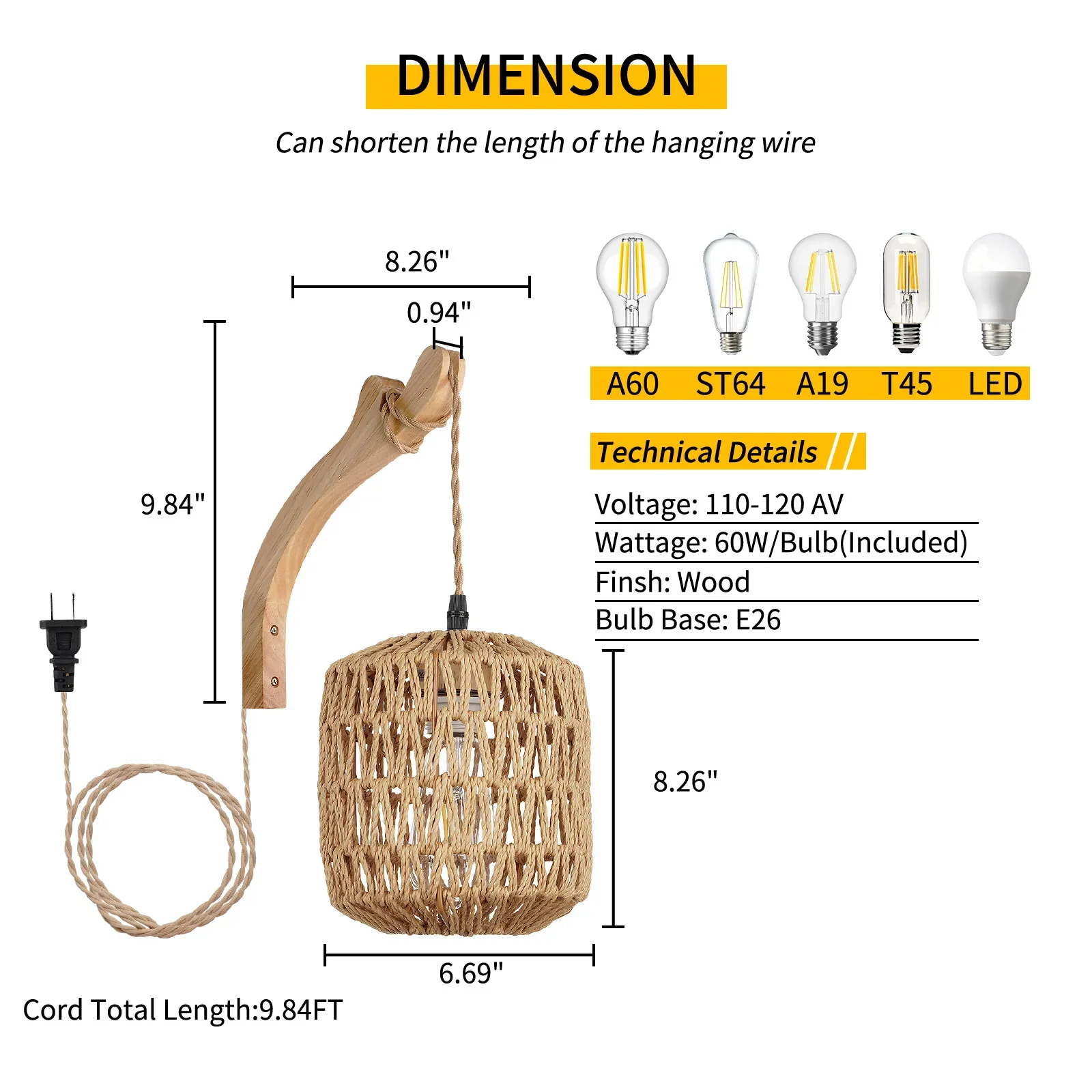 Bedside Wall Lamp American Hand-woven Paper Rope LED Lamp Indoor Entrance Lamp Bedside  Button Switch Hemp Rope Chandelier