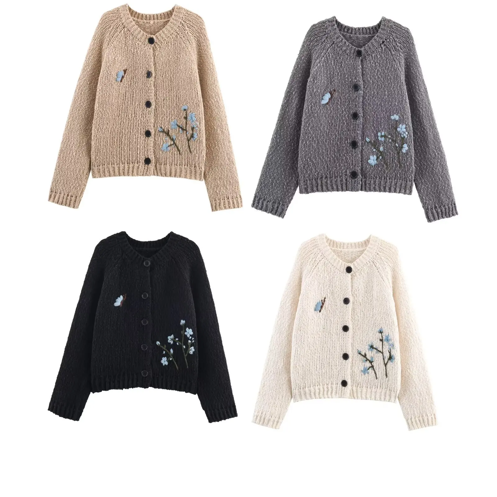 

KIDCRKJ Embroidered Spring Women Knitwear Round Neck Spliced Full Sleeve Single Breasted Lady Coat Versatile Chic Female Jacket