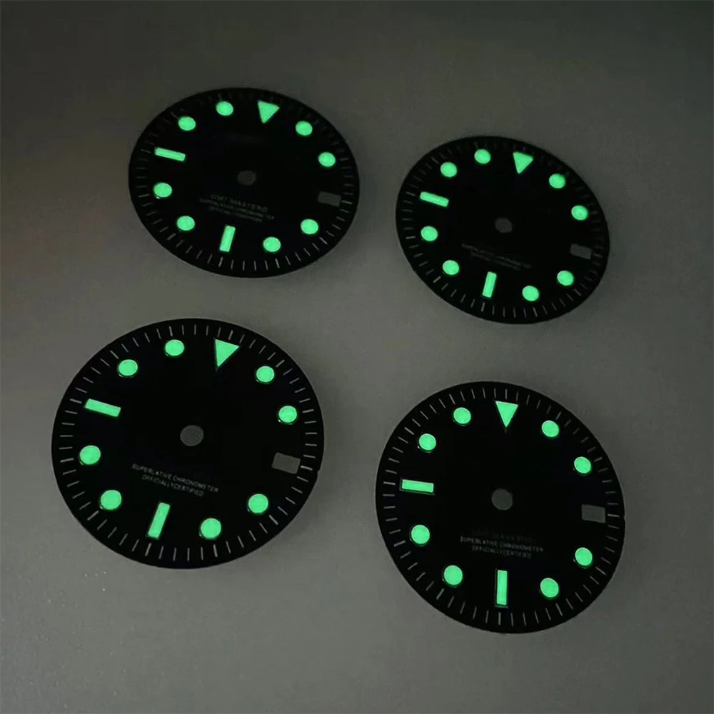 28.5mm S Logo GMT Black Dial Fit NH34 Movement Green Luminous Watch Modification Accessories