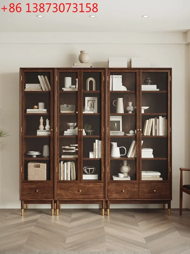 North American black walnut integrated wall solid wood display household shelf glass door combination bookshelf