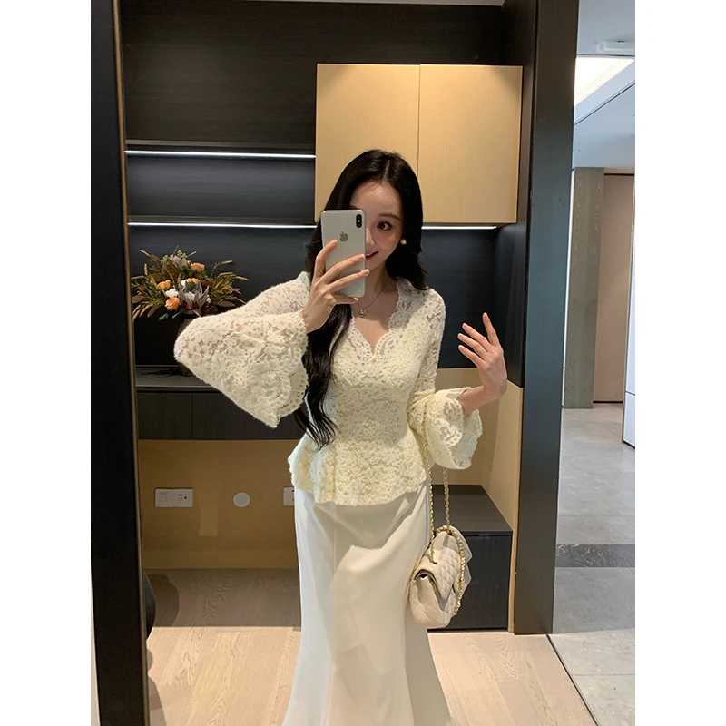 

Женская кружевная блузка XIN Parisian Dr с длинным рукавом, облегающая, для ношения под одеждой, с круглым вырезом, из полиэфирного волокна