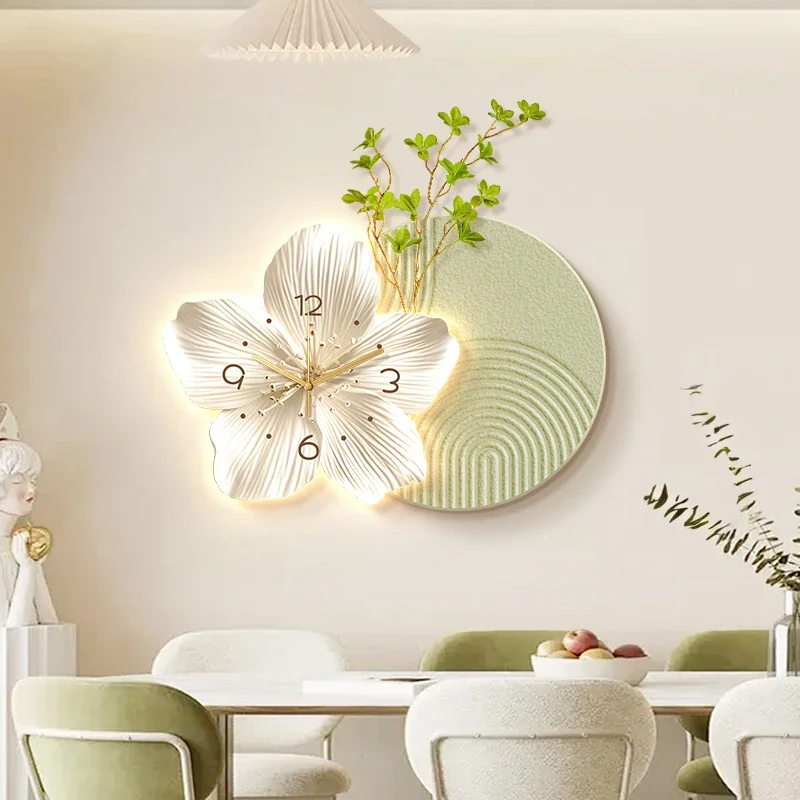 New restaurant decorative painting cream wind clock flower clock living room TV background wall hanging picture with clock