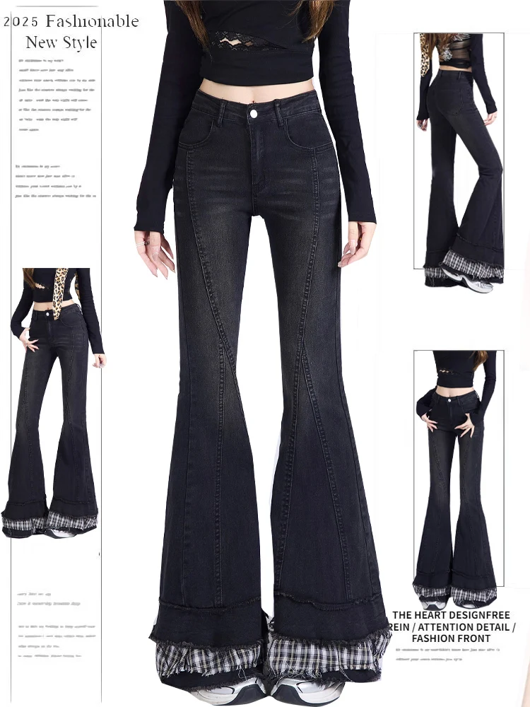 Retro American Plaid Splicing Flared Jeans Damen Cake Sle Micro Flared Jeans Hohe Taille Lange Hosen Freizeitkleidung