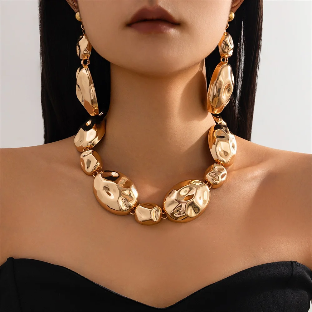 Exaggerated Punk Irregular Elliptical Metal Choker Necklace Earrings Sets for Women Trendy Goth Clavicle Chain Grunge Jewelry