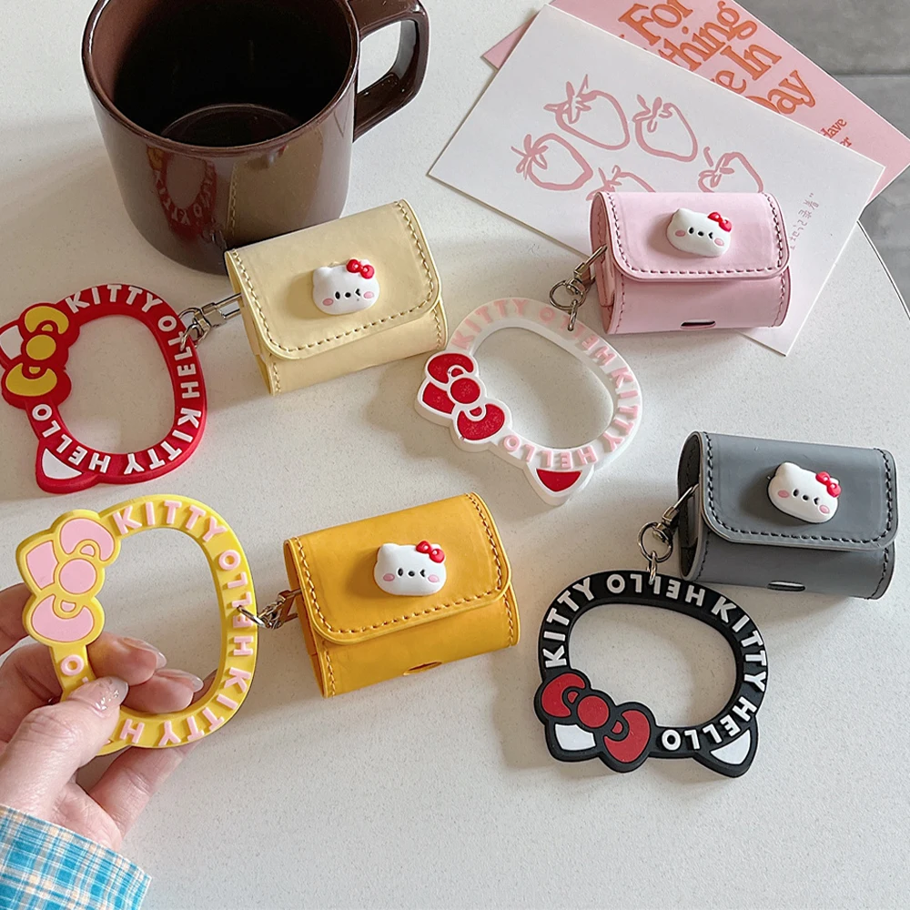 Leather Flip Earphone Protection Case For Airpods 4 3 Pro 2 1 Pro2 Cute Hanging Hello Kitty Pendant Wireless Headphone Cover