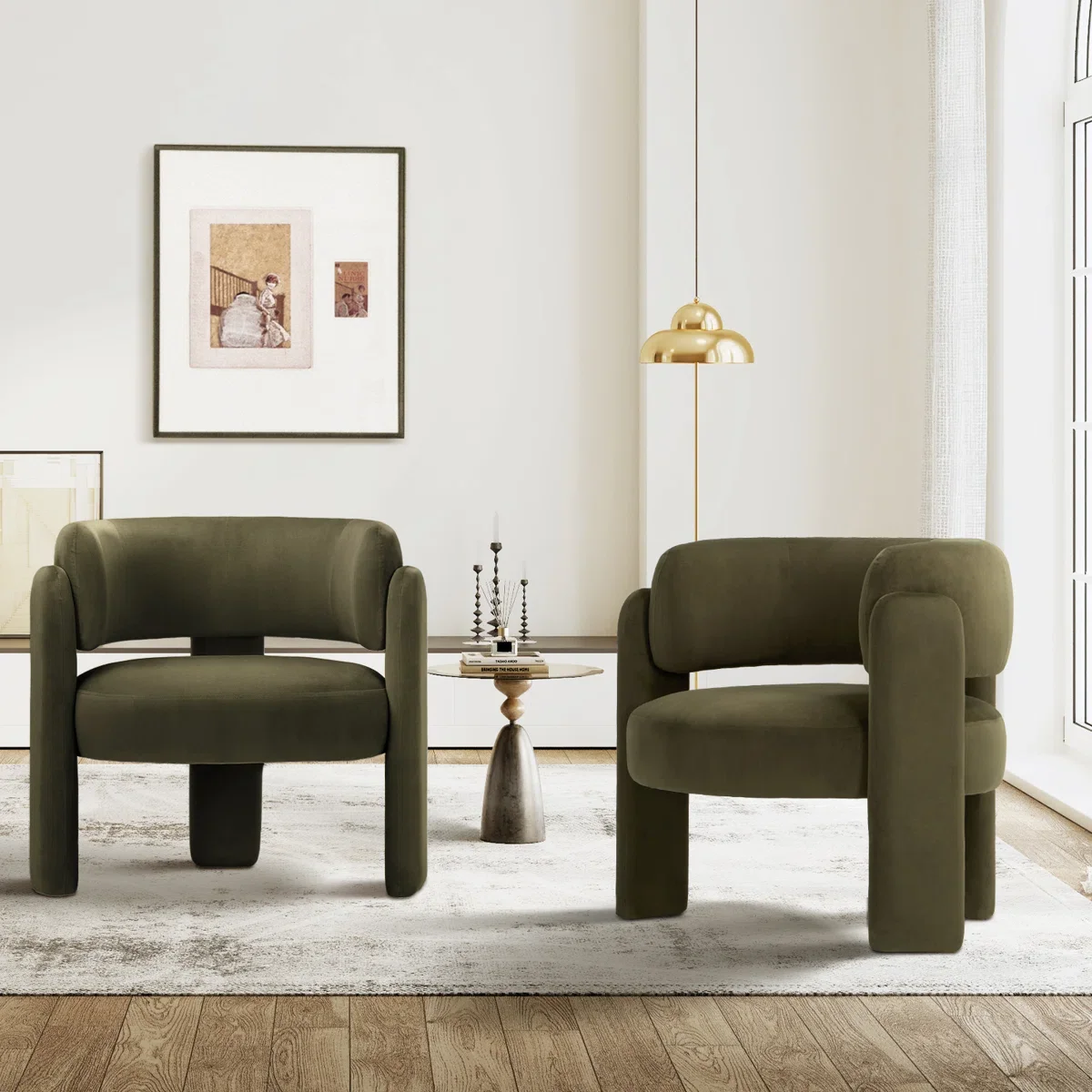Armrest Structure Olive Green Plush Modern Velvet One Seat Accent Chair with Integrated Upholstered Furniture for Living Room