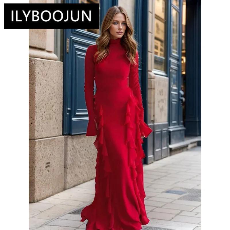 ILYBOOJUN  Solid Patchwork Folds Elegant Dresses For Women Stand Collar Long Sleeve High Waist Minimalist Dress Female New