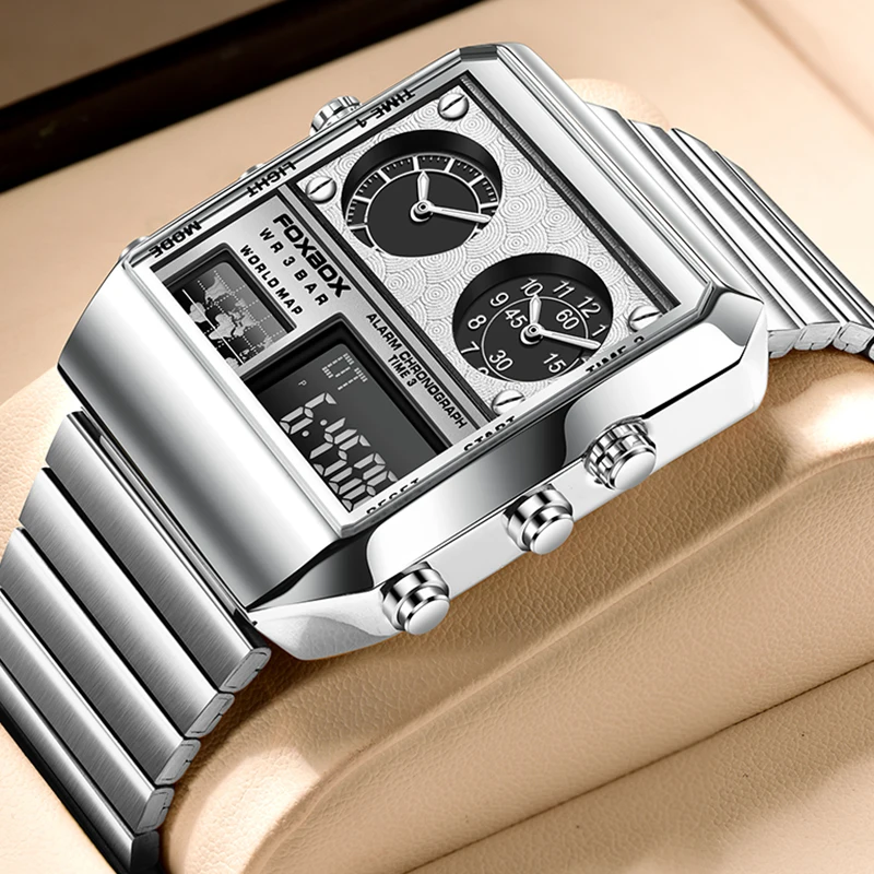 FOXBOX جديد فاخر مربع الفولاذ المقاوم للصدأ مقاوم للماء ساعة رجالية موضة ساعات رقمية للرجال ساعة عسكرية LED ساعة يد رياضية