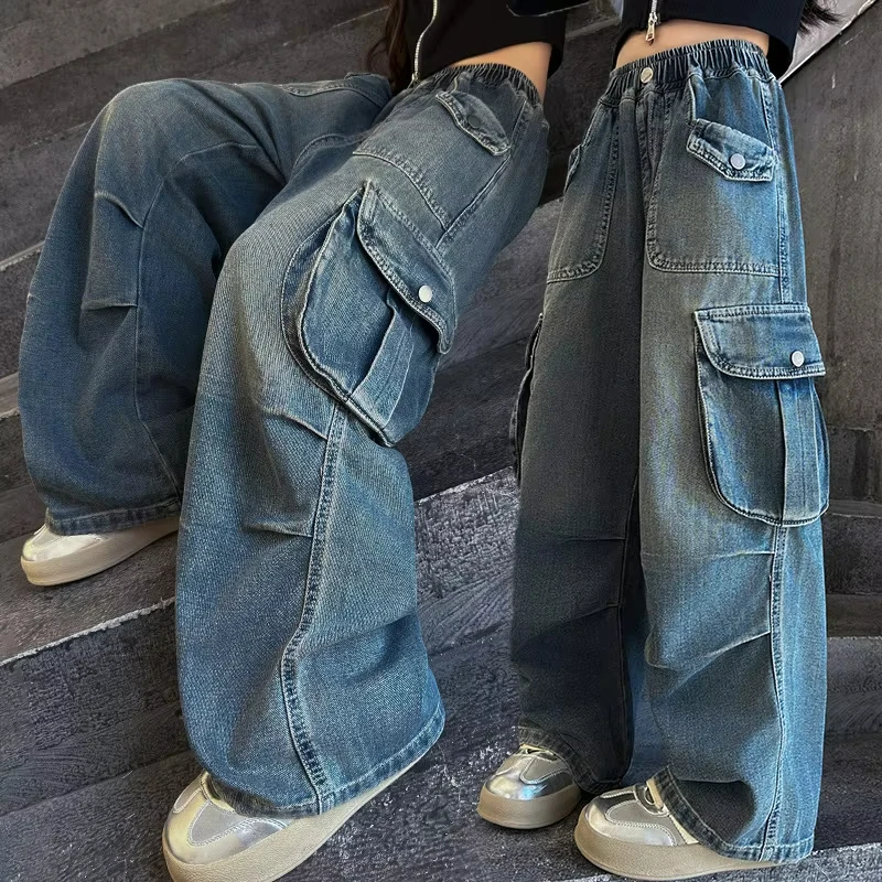2026 Hot Sale Wide Leg Trousers Teenage Girls Jeans with Big Pocket Four Seasons High Waist Fashion Blue Cargo Denim Pants