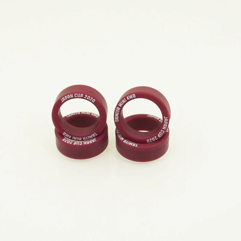 home made Tamiya mini 4wd car racing low friction maroon tryes lettering 4pcs 95208/92387/92140