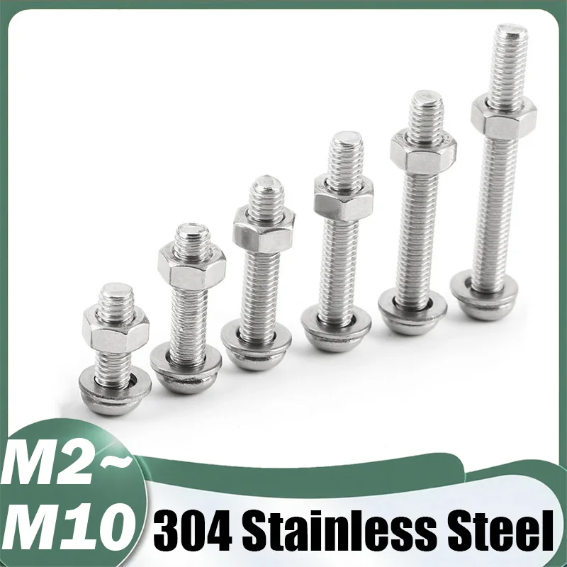 Pan Head Screw Three-Piece Combination 304 Stainless Steel Screw Nut Washer Set Round Head Cross Bolt M2 M2.5 M3 M4 M5 M6 M8 M10