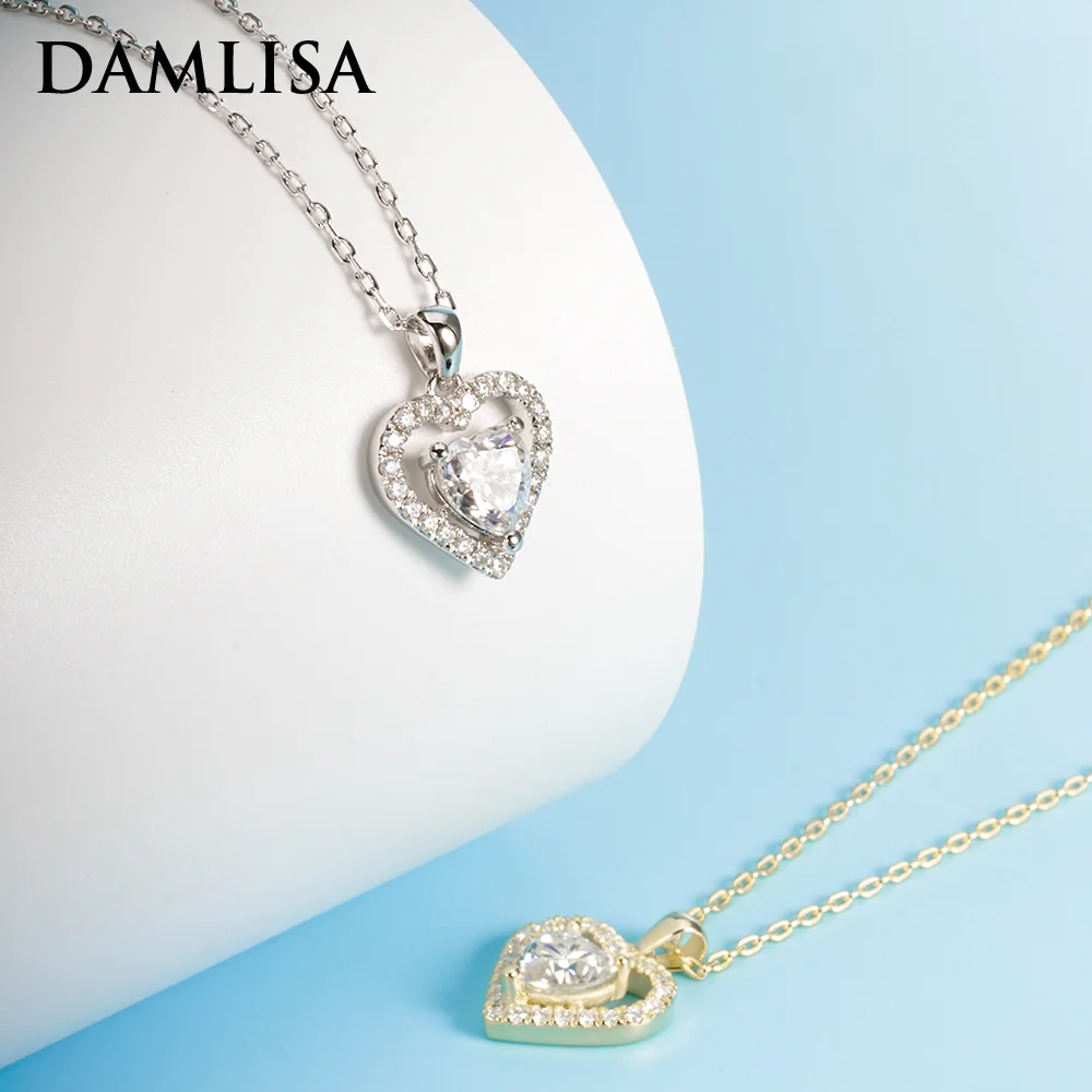 

DAMLISA 6mm 0.8ct D Color Heart & Round Cut Moissanite Pendant Necklace For Women 925 Sterling Silver 18K Gold Plated Necklaces