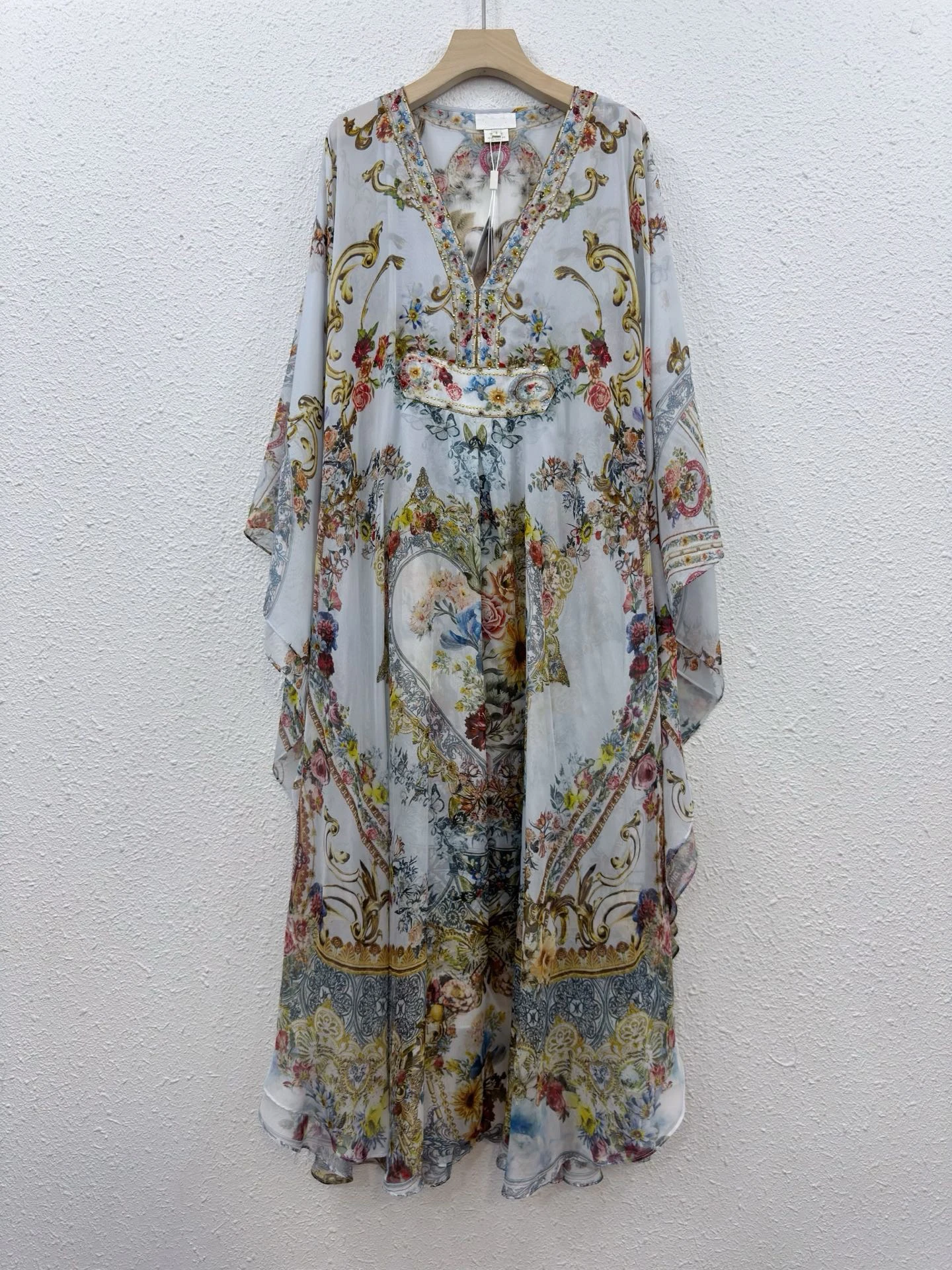 

100% Real Silk Boho Floral Print Maxi Dress Women V Neck Batwing Sleeve Flowy Chiffon Kaftan Long Beach Dress High Quality Chic