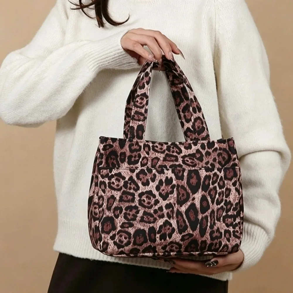 Vintage Leopard Print Leopard Print Lunch Bag Canvas Large Capacity Tote Bag Portable Multi Pocket Food Carrier Bag School