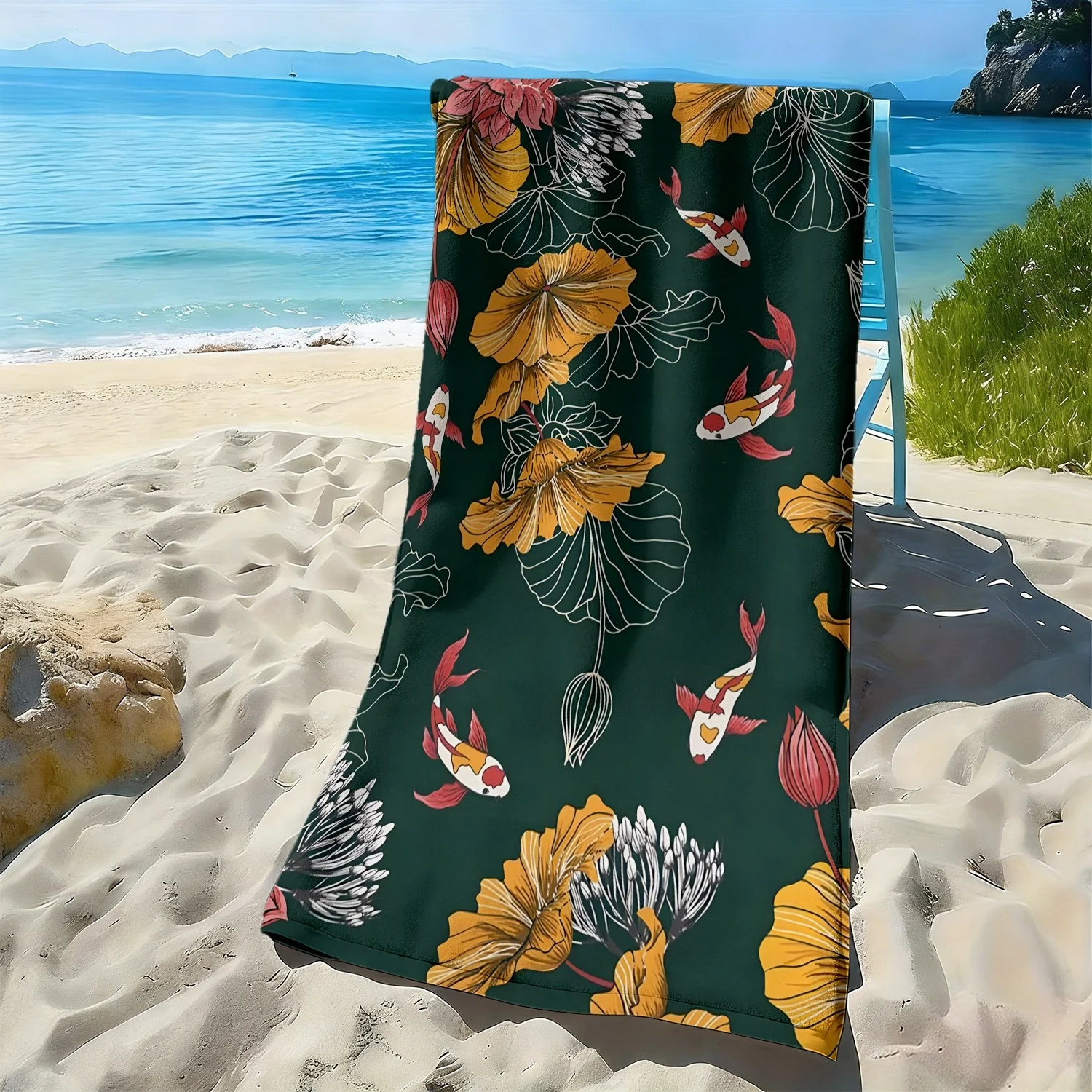 Exquisite patterns of koi fish and lotus flowers polyester microfiber beach towel is highly absorbent, suitable swimming beach