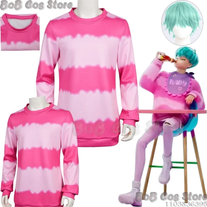 

Baby Saja Boys K-Pop Demon Hunters Cosplay Pink Striated Shirt Stage Idol Clothes Wig Halloween Party Roleplay Man Group Outfit