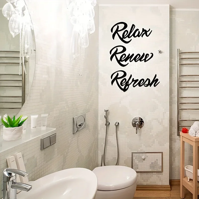 3pcs Farmhouse Bathroom Metal Signs, Letter Sign Relax Renew Refresh Metal Sign, Black Metal  Home Decor Bathroom Wall Decor