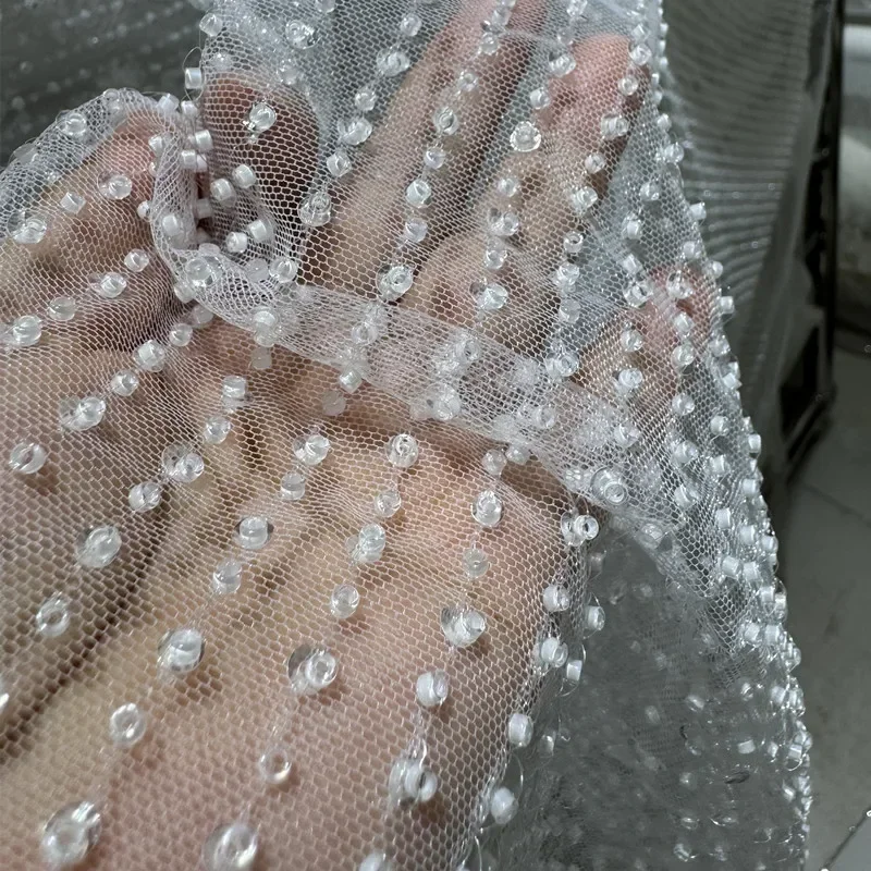 New Vertical Bead Sequin Embroidery Lace Fabric DIY Wedding Dress Evening Gown Bead Yarn Fabrics For Sewing