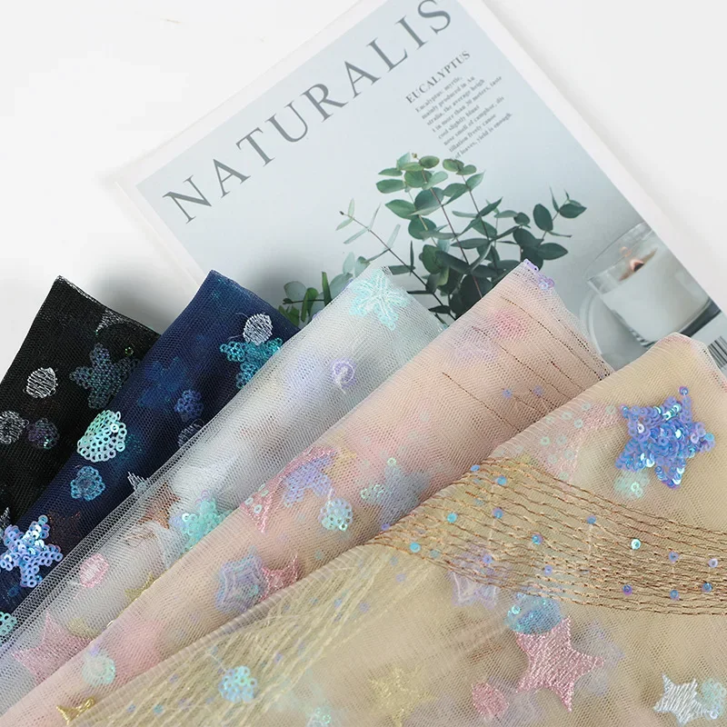 

Кружевная сетчатая ткань с вышивкой блестками, сетка с длинным хвостом и вышивкой звезд, интернет-украшение знаменитостей, ткань премиум-класса, Stoff Tessuto