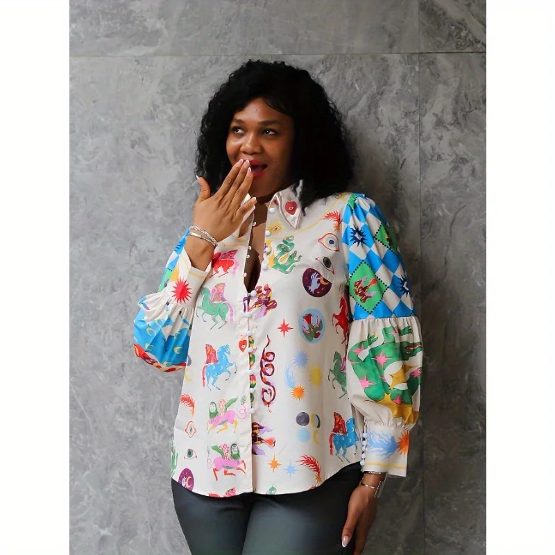 

Loose Casual Cartoon Print Lapel Single Breasted Long Sleeve Shirt