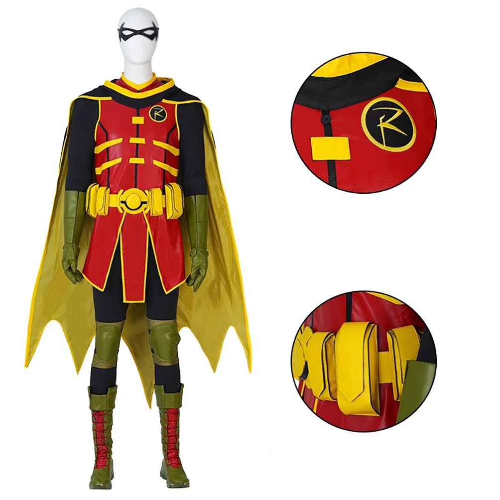 

Superhero Damian Wayne Costume Uniform Red Robin Cosplay Halloween Jumpsuit Vest Cloak Outfit