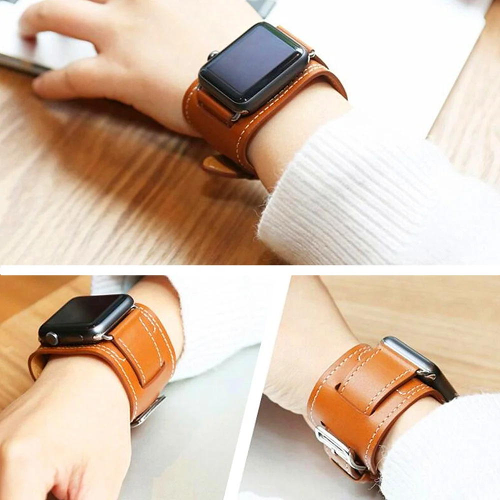 Cuff bracelet for Apple watch band 44mm 45mm 40mm 49mm 41mm 42mm 38mm Leather watchband iwatch series 9 8 7 5 se 6 ultra 2 strap