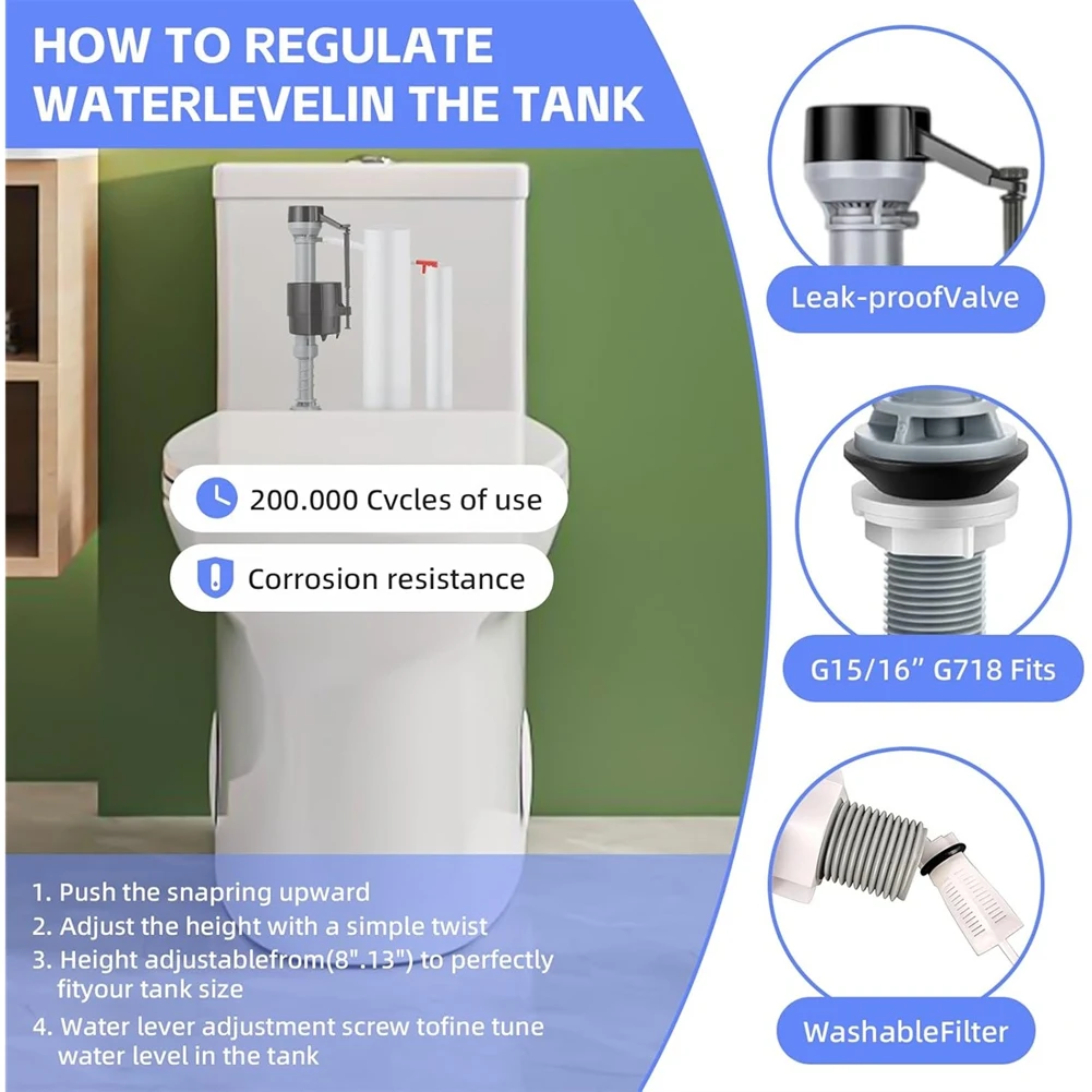 

Универсальный сменный комплект заправочного клапана для унитаза, 2 шт., заправочный клапан 2 дюйма, регулируемый комплект для ремонта унитаза внутри бака,