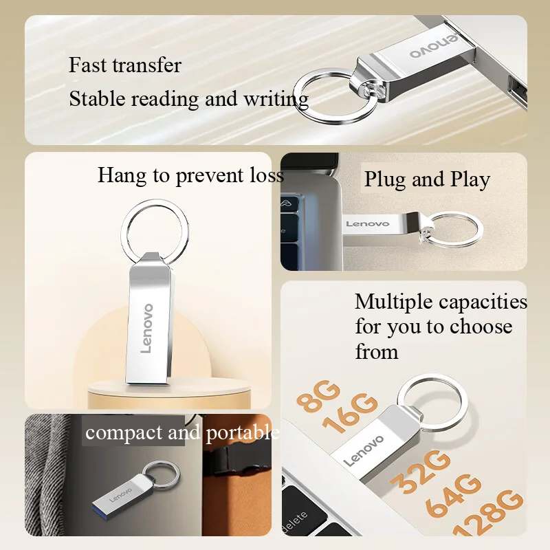 محرك أقراص فلاش USB للتخزين المحمول من لينوفو، مضاد للفقدان، صغير، جسم معدني