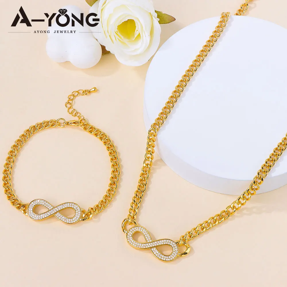 Italienisches Mode-Zirkonia-Schmuckset, 21 Karat vergoldet, Unendlichkeits-Anhänger, Halskette, Armband, arabische Frauen, Event-Party-Schmuck – Detail 3
