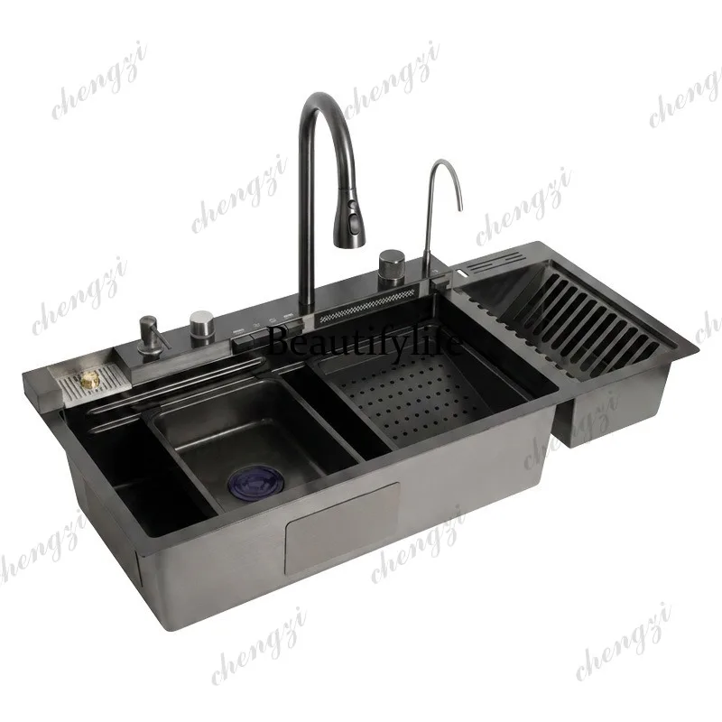 S178 Multifunctional Stainless Steel Sink Digital Display with Bowl Rack Drain Large Single Sink Kitchen Sink