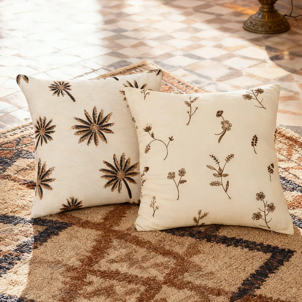 

Bohemian Hemp Rope Embroidered Cushion Cover Linen Flower Vintage Embroidery Throw Pillow Covers
