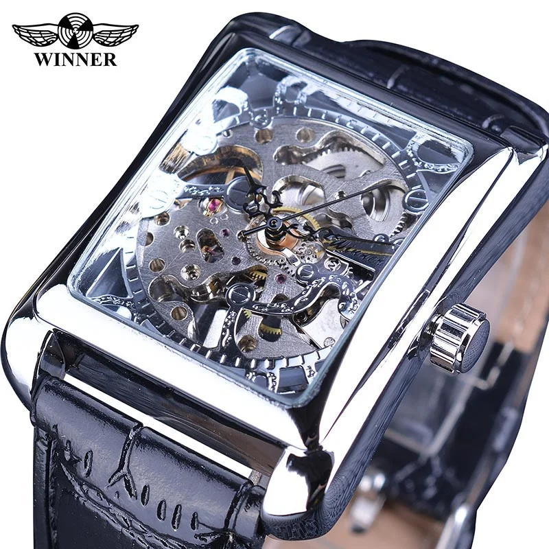 Winner 02A Quare Top Brand Manual Wind Geometry Design Transparent Skeleton Mens Watch Luxury Automatic Fashion Mechanical Watch