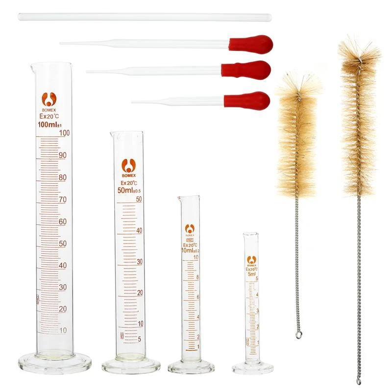 

4 Measuring Cylinder-5Ml 10Ml 50Ml 100Ml Premium Glass - Contains 2 Cleaning Brushes 3 Glass Pipettes 1Pc Glass Rod