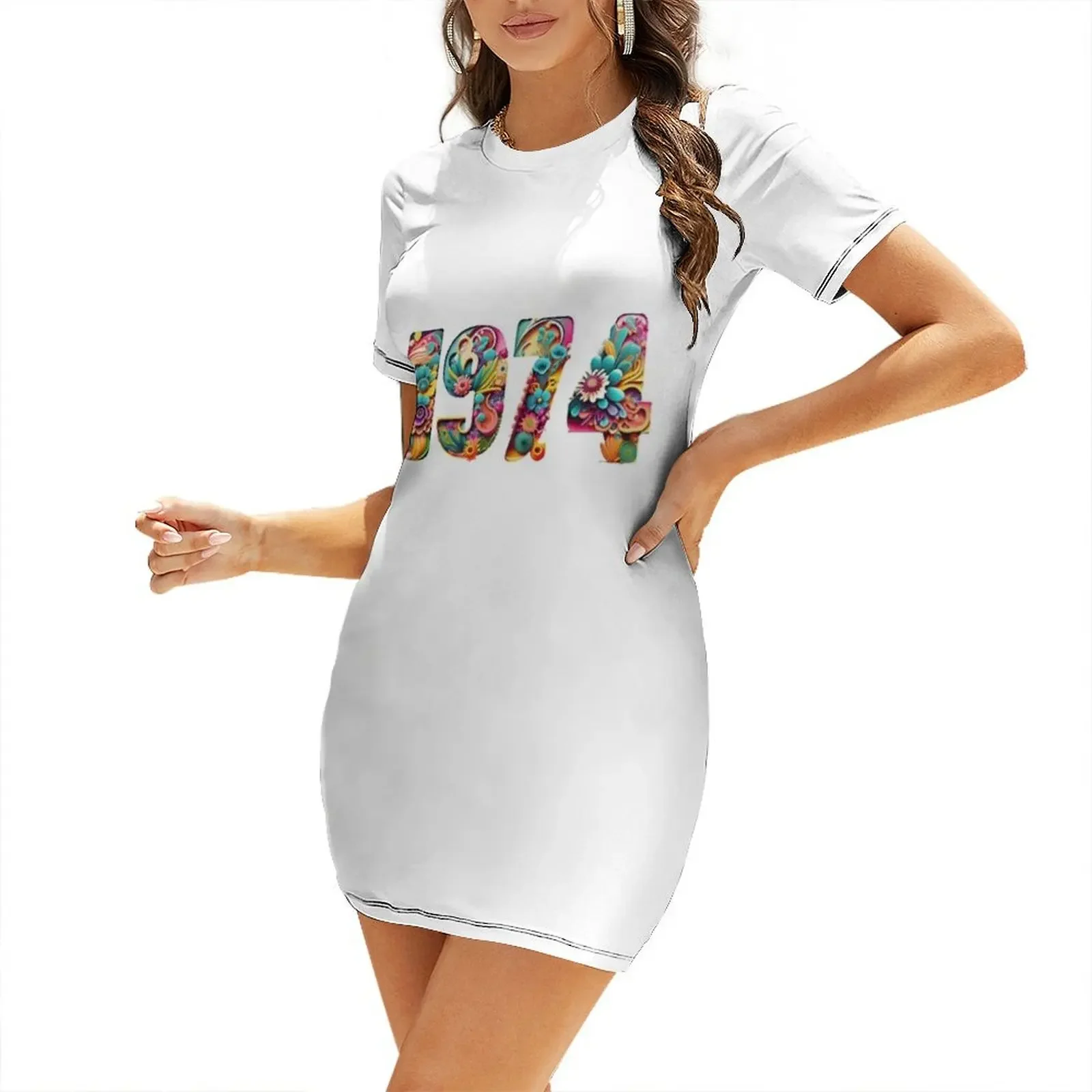 

Groovy colourful 1974 seventies lettering vintage birthday retro Short-Sleeved Dress Women's skirt Dress