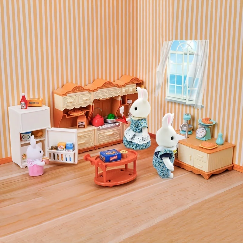 Floresta animal família casa de bonecas móveis mini geladeira brinquedos simulação comida brinquedos das crianças casa de bonecas em miniatura cozinha jogar