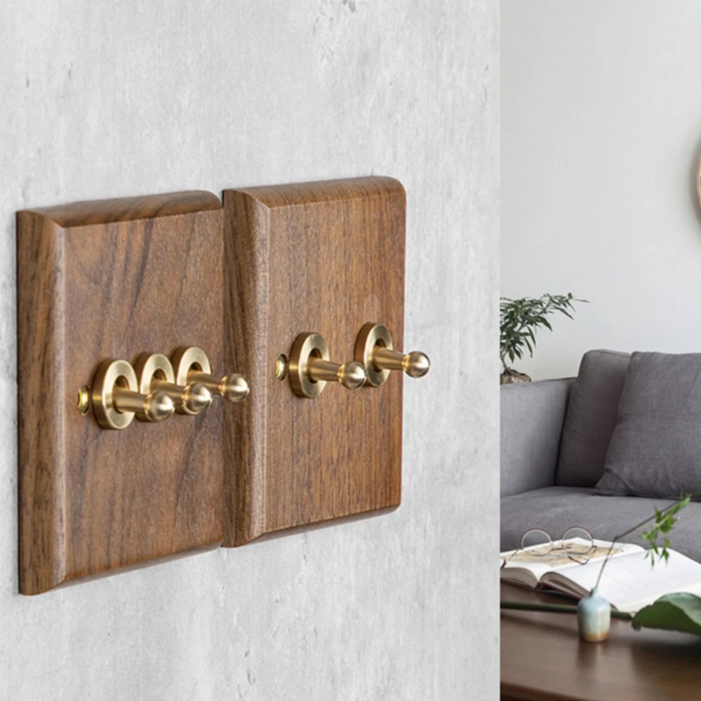 1Pcs Europe Type Vintage Wall Light Switch Socket 86mm Retro Walnut Wood Brass For Toggle Switch Plate 1/2/3/4 Brass Levers
